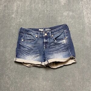 Mossimo Roll Hem Denim Midi Shorts Womens 2/26 Power Stretch Distressed Mid Rise